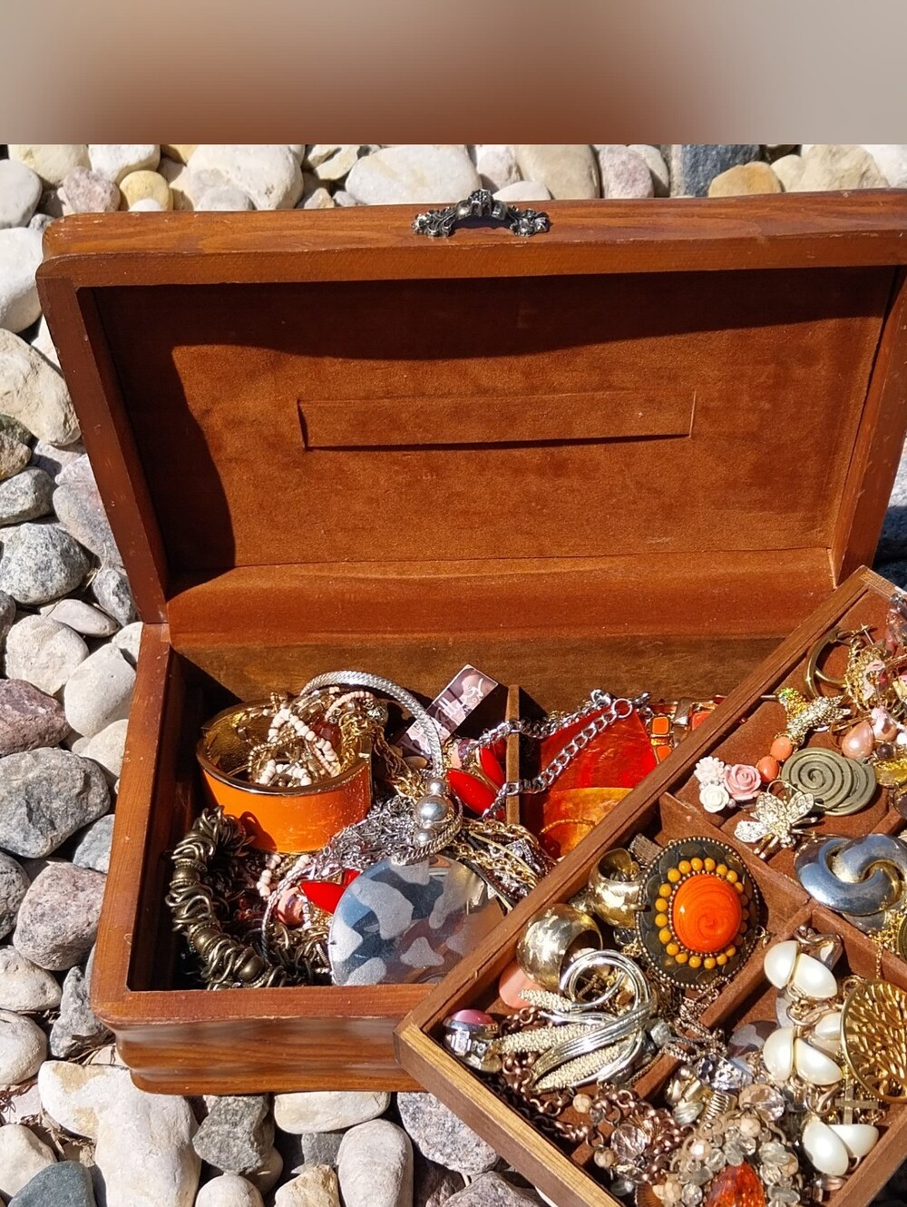 Vintage Wooden Jewelry Box with Orange Velvet Lining